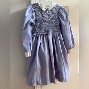 Polly Flinders Vtg Smocked and Embroidered Blue Dress with Lace Collar Sz 6